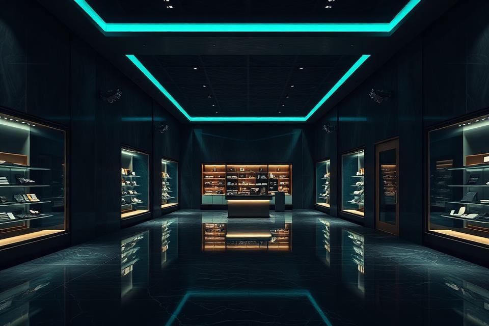 Interior of a dark luxury retail boutique with lit display cases